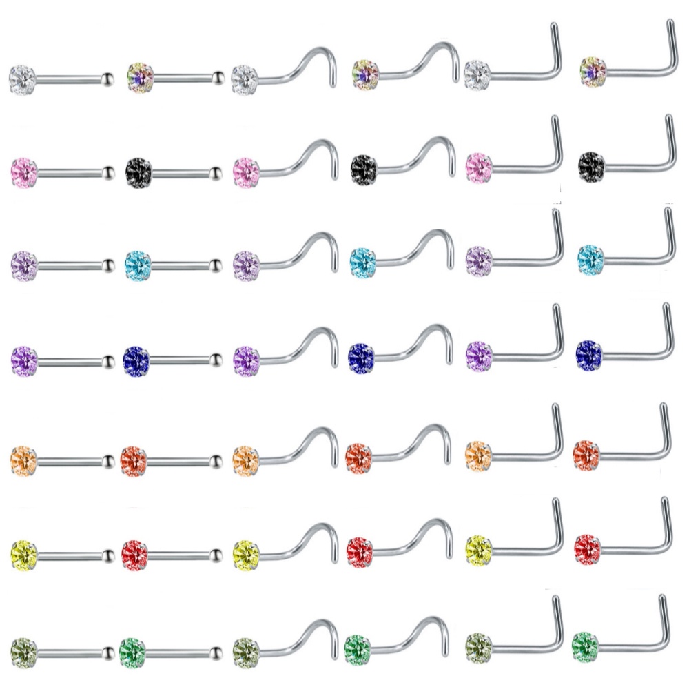 14pcs Tindik Hidung Kristal Bentuk L Stainless Steel Nose Stud Set Multicolor Penahan Tulang Hidung Telinga Hidung Piercing