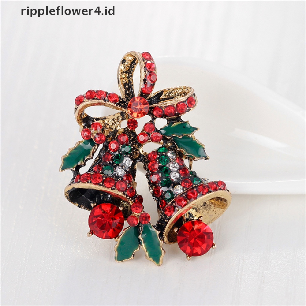 {rippleflower4.id} 1pc Fashion Natal Berlian Imitasi Lucu Natal Bell Bros Pin Xmas Hadiah Pesta~