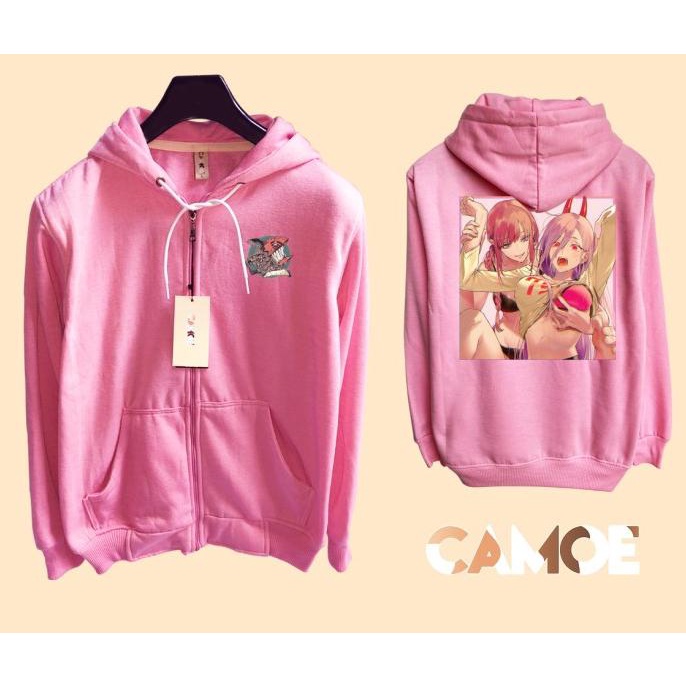 Jacket Anime Chainsaw Man Makima Power Lewd Sweater Hoodie Pria Bahan Fleece Sablon Polyflex Zipper 