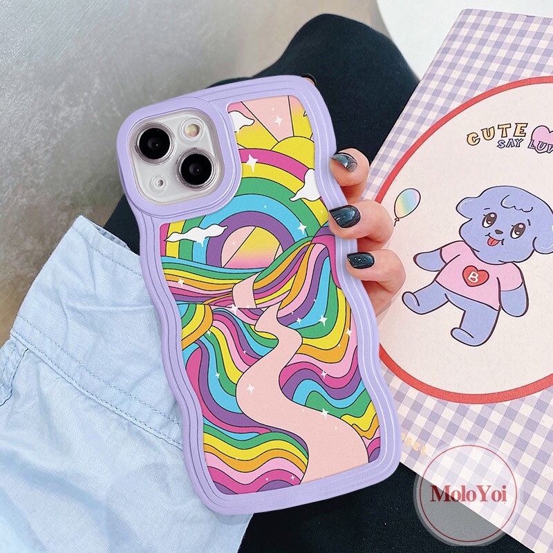 IPHONE Casing Case Compatible Untuk Iphone6 6s 78 Plus 11 13 12 14 Pro Max XR X XS Max14 Plus 7Plus 8Plus SE 2020 Wavy Edge Casetify Warna Warni Rainbow Smile Wish You a Happy Label Soft TPU Cover