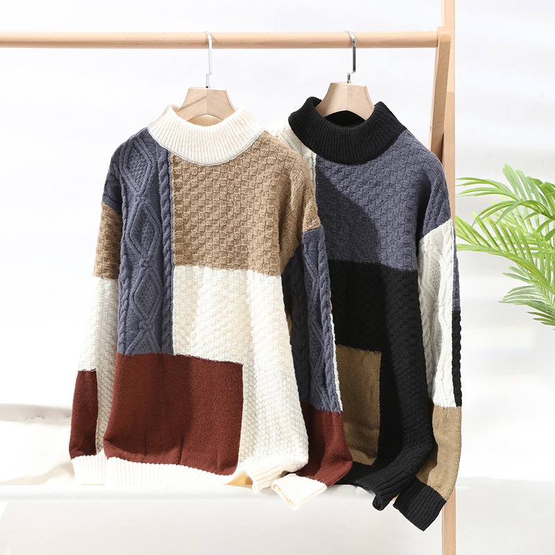 Pakaian Rajut Pria    Kontras Warna Patchwork  Sweter Mantel Pria A Korea  Senior Tebal Rajut Fashio