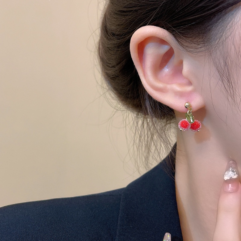925 Perak Jarum Gula Manik-Manik Cherry Anting Fashion Perempuan Anting Lucu