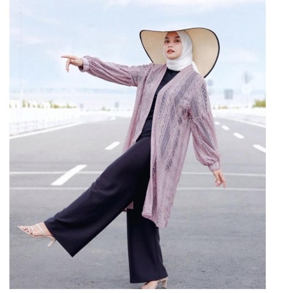 [NGI.10De22ᵀ] PAKAIAN WANITA MUSLIMAH LONG OUTER CARDIGAN PUTIH BROKAT LENGAN PANJANG