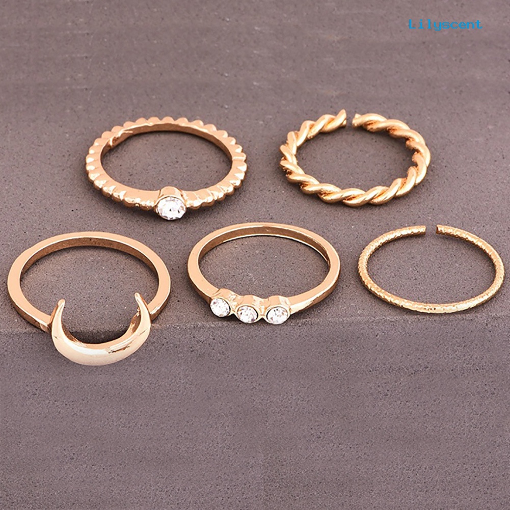 [LS]5Pcs Vintage Moon Knuckle Finger Ring Set Bohemian Perhiasan Sendi Yang Dapat Disesuaikan