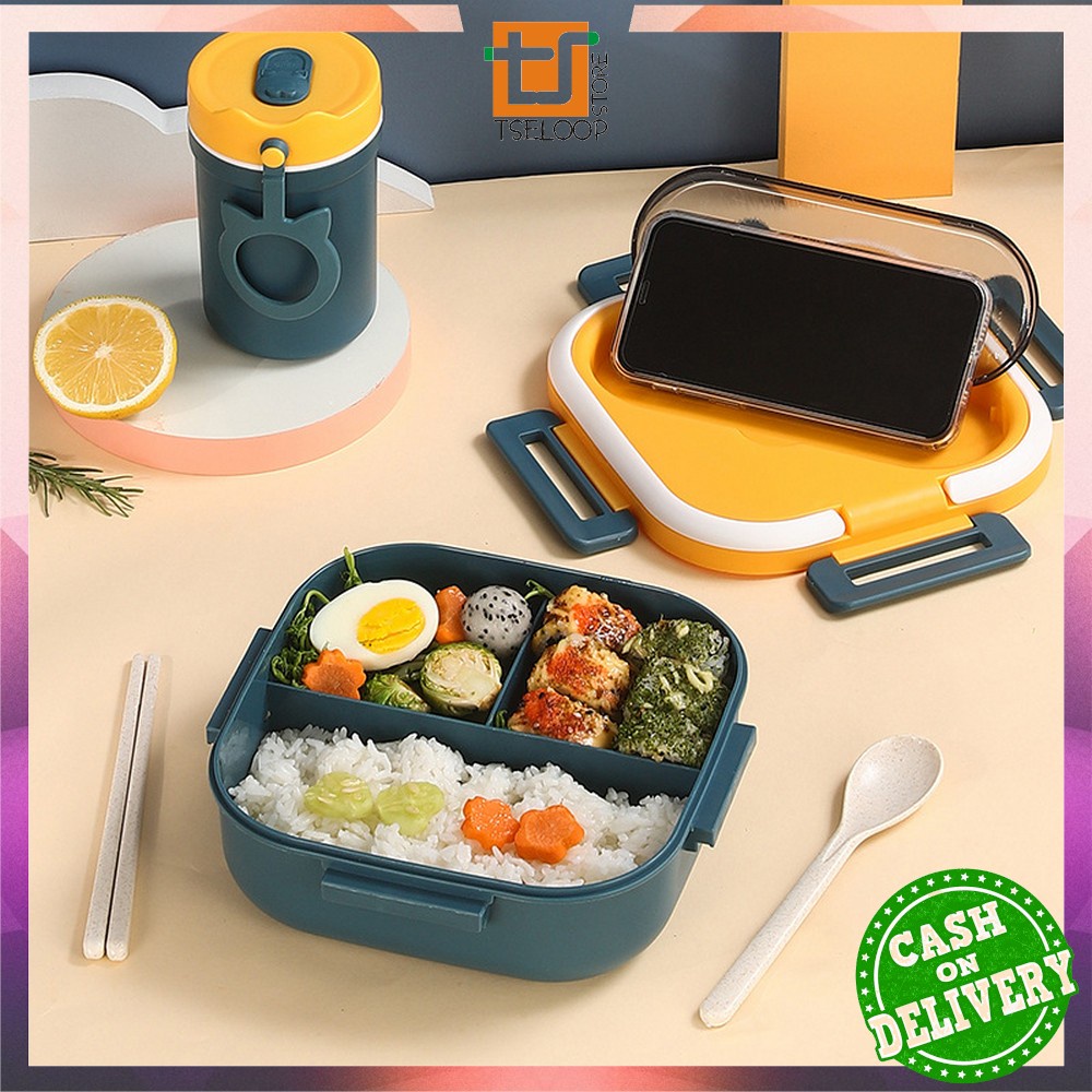 OFM-C757 Lunch Box Set Alat Makan 3 Sekat Anti Tumpah / Kotak Bekal Makan Anak Free Sendok Sumpit Anti Bocor