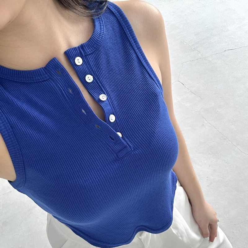 COMO TOP - POSHA Ribbed Knit Racer Tank Tanktop Summer High Neck Atasan Crop Top Stretch Rib Ribbed Kancing