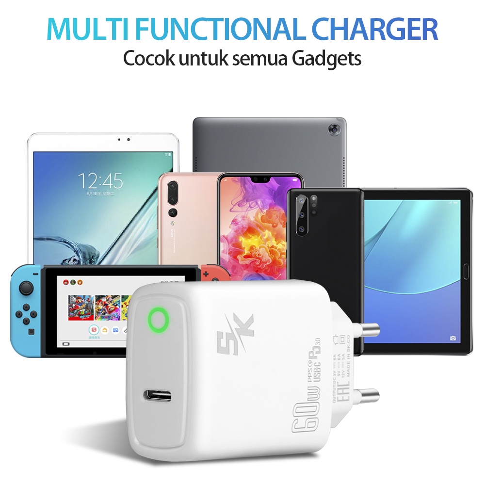 【SK | 3113-PD】CHARGER SK PD-60W ORIGINAL LIGHTNING SUPPORT FASTCHARGING C-LIGHTENING/C-C TRAVEL CHARGER