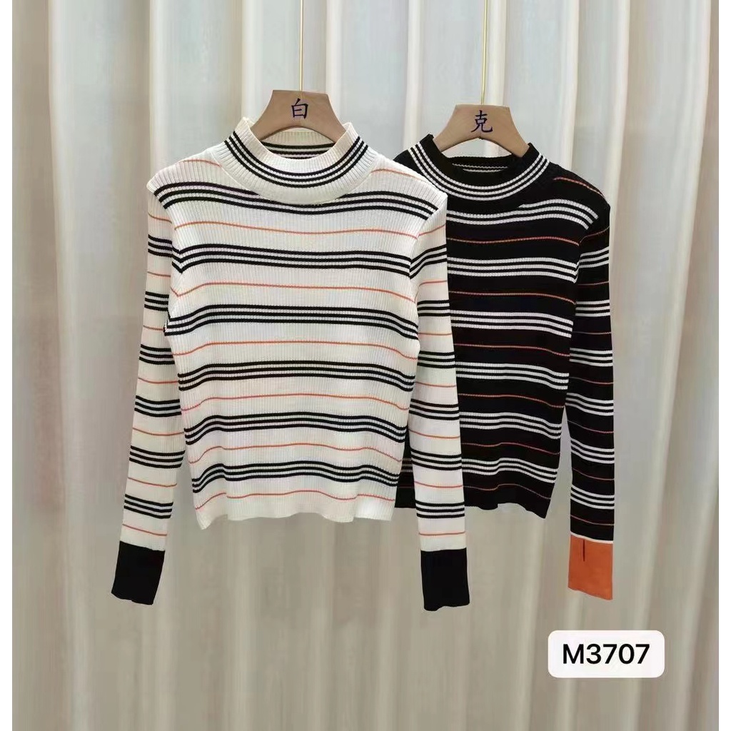 Alya Top Turtleneck Stripes Long Sleeve Knit Import - Atasan Rajut Wanita Blouse Lengan Panjang TM (M3707)