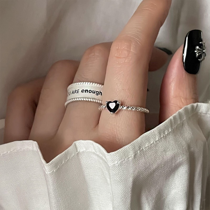 Vintage Hitam Zirkon Cincin Hati Kristal Batu Kecil Kawin Cincin Trendi Warna Perak Pertunangan Rings