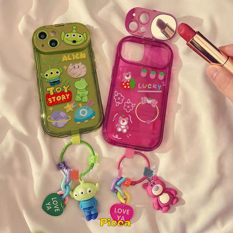 IPHONE Flip Make Up Cermin Disney Toy Story Losto Alien Case Kompatibel Untuk Iphone11 14 12 13 Pro MAX 7 8 14 Plus XR X XS MAX SE 2020 Beruang Strawberry Lucu Dengan Ornamen Boneka 3D Soft Case