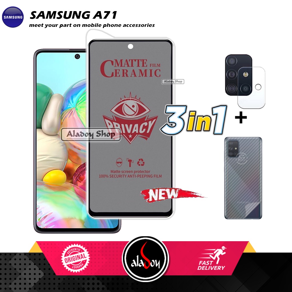 Tempered Glass Anti SPY Samsung A71 Anti Gores Privacy + Tempered Glass kamera dan Skin Carbon