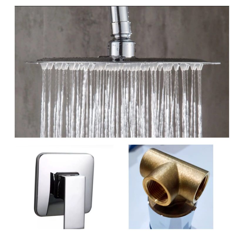 Paket Wall shower head 12 inch dan stop kran cabang panas dingin Kuningan / Wall shower Stainles Steel kamar mandi