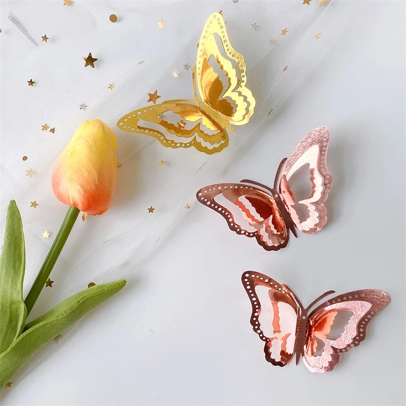 12pcs 3-Layer Hollow Butterfly Stiker Glittering Art DIY Decals Halus Dekorasi Kertas Kupu-Kupu 3D Gradien Kupu-Kupu Wallpaper Untuk Jendela Kamar Kulkas Pesta