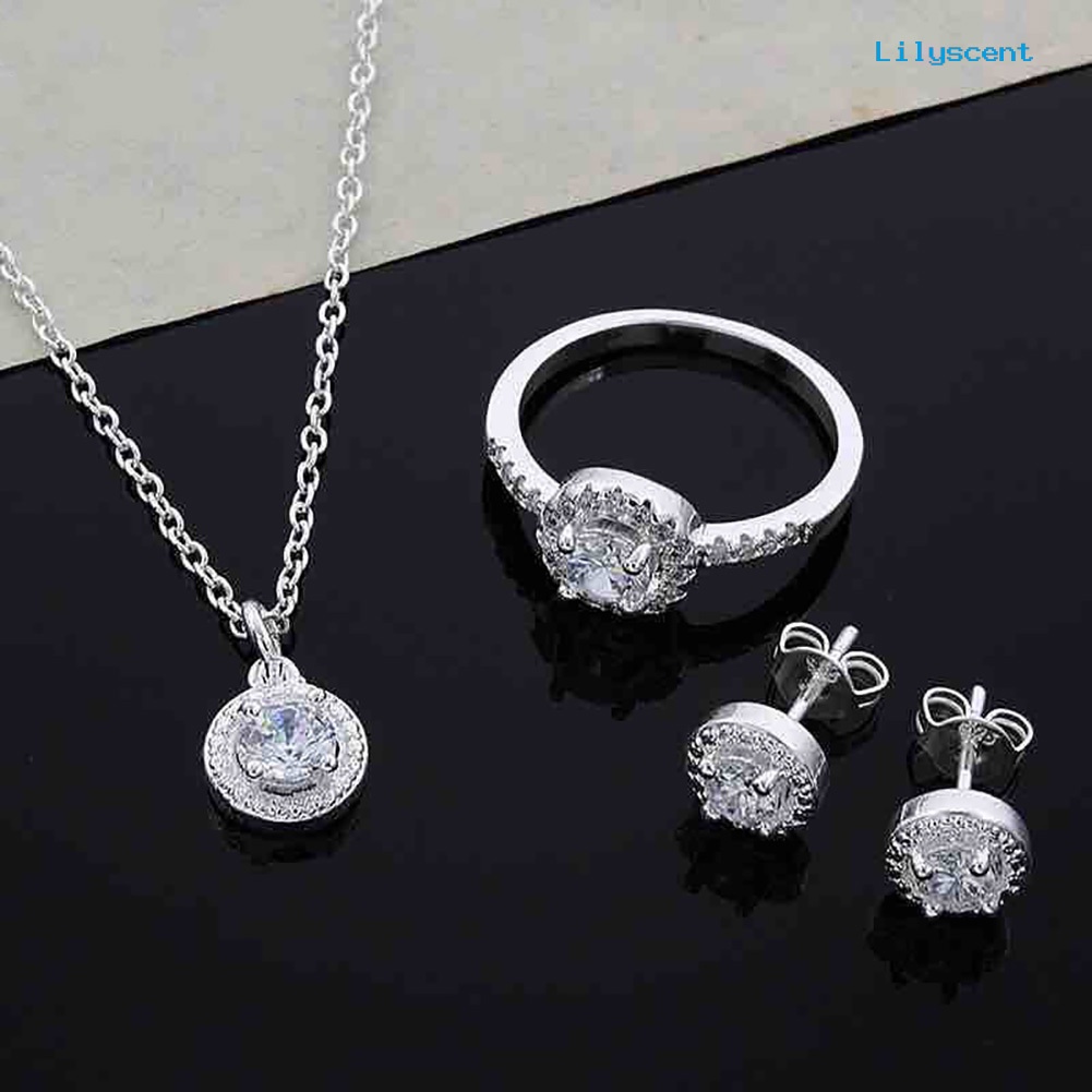 [LS] Wanita Bulat Zirkon Telinga Studs Terbuka Cincin Kalung Fashion Pesta Perhiasan Pesona Set