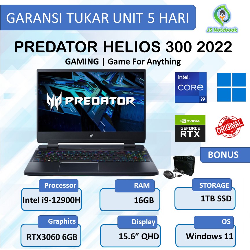 ACER PREDATOR HELIOS 300 i9-12900H RTX3060 6GB 1TB SSD 16GB W11 15.6"QHD
