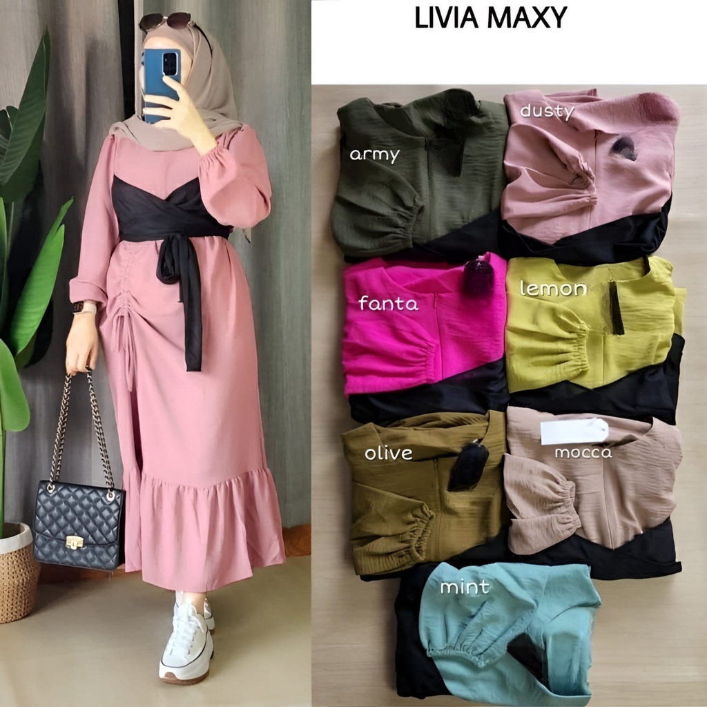 Livia Dress Gamis Muslim Midi Maxy l Gamis Kondangan Wanita Remaja Fit To XL Besar BJ