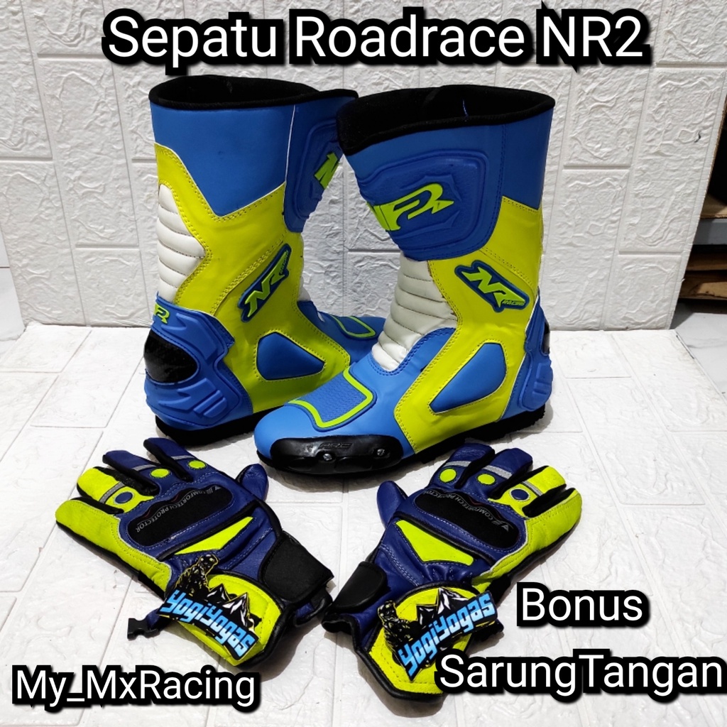 sepatu roadrace  bonus sarung- sepatu balap BLUE FLO - sepatu touring keren - bots - bots drag or cornering - balap -sepatu bots safety terlaris enduro hard - bots keren - kualitas premium jahitan rapih - original produk negeri NR2