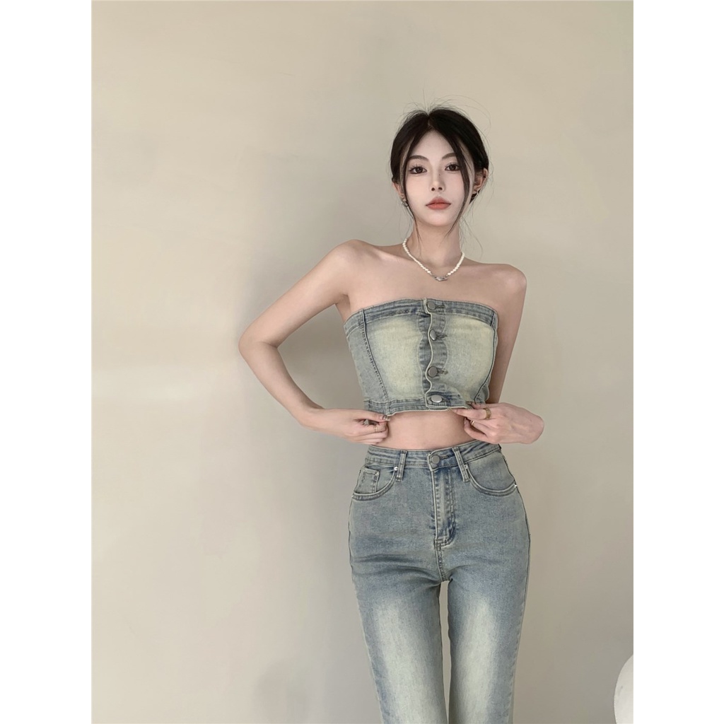 ┋▧Suhao hot girl anti-light beauty back denim tube top women s summer sexy strapless short vest top outerwear wrapping chest