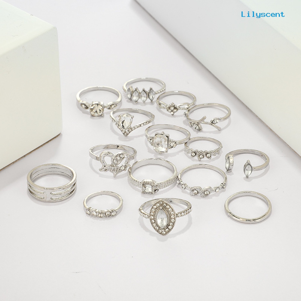 [LS]15Pcs /Set Boho Wanita Berlian Imitasi Daun Hati Geometris Jari Cincin Perhiasan Hadiah