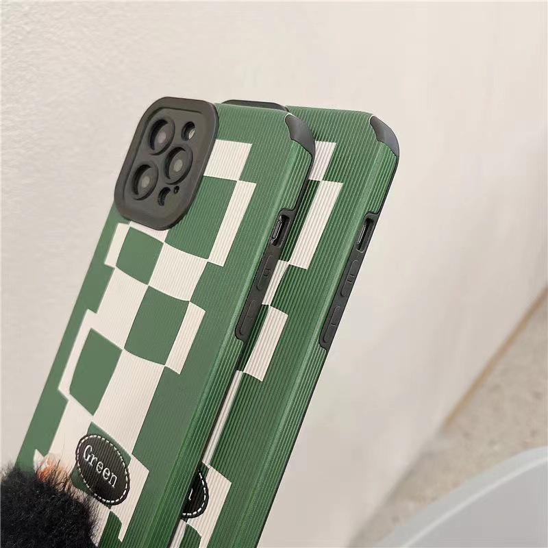 Ins Fresh Green Grid Cocok Untuk Iphone14 14pro 14Plus 14prm Iphone13 13prm iPhone 11 7Plus 8Plus Xr XS 12 Pro Max Empat Sudut Casing Ponsel Tahan Guncangan