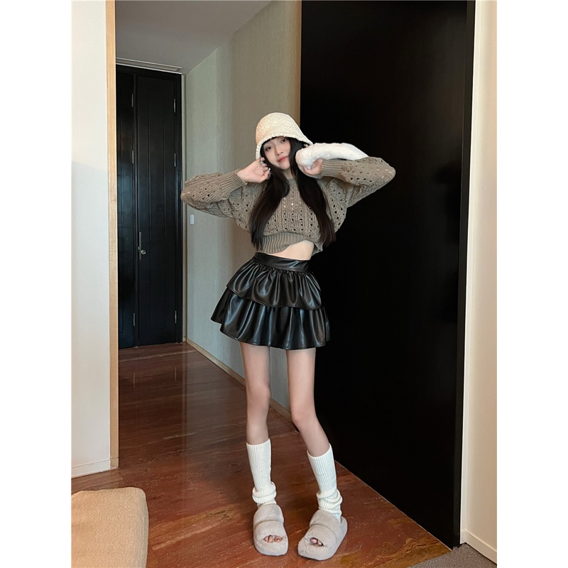 ❍☃Suhao hot girl black pu leather skirt skirt female autumn 2022 new high waist ruffled sexy cake fluffy skirt