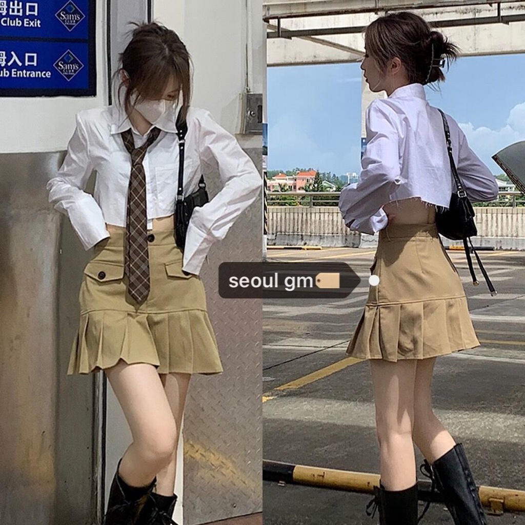 Suhao one-piece suit leg school sister ~ selera desain ceruk lengan panjang tidak beraturan kemeja pendek wanita + rok lipit tipis berpinggang tinggi