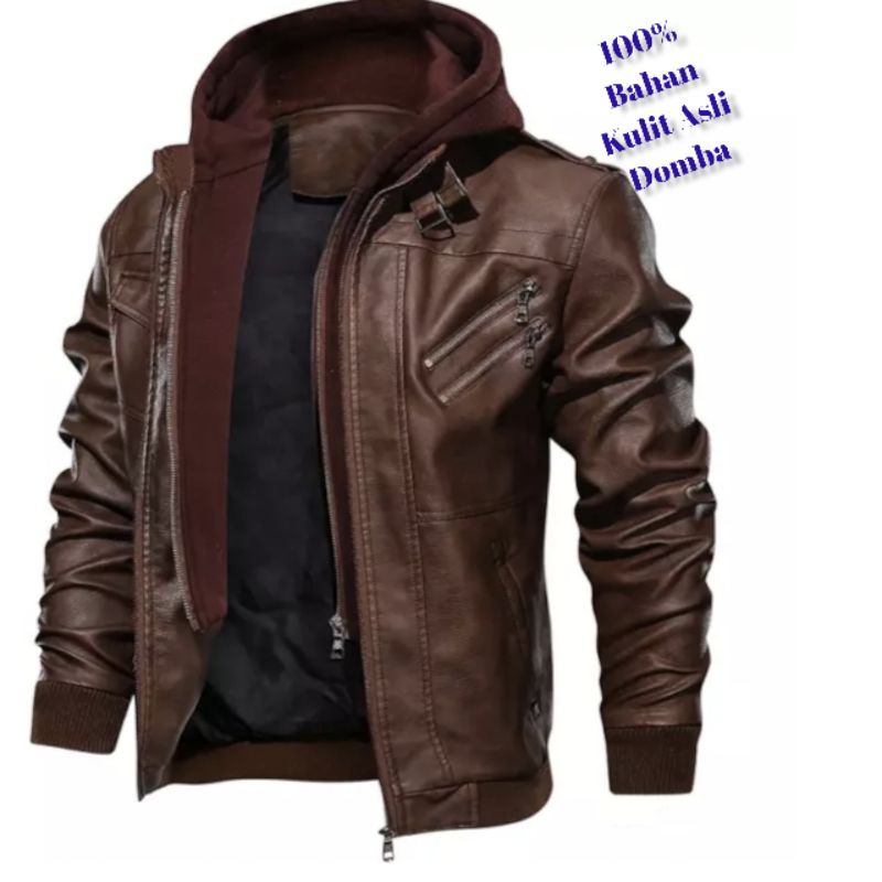 Jaket kulit Domba asli-Jaket Hoodie kulit -jaket kulit pria