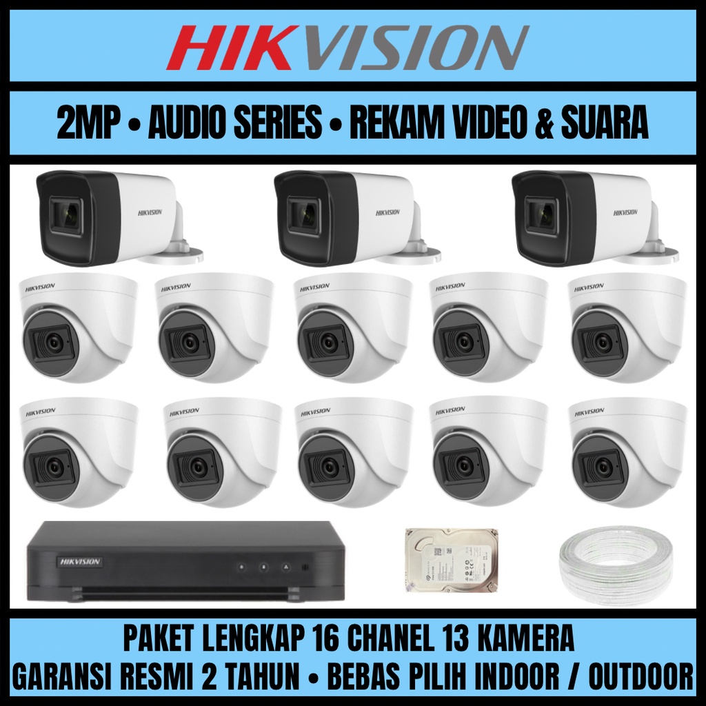 PAKET CCTV HIKVISION 2MP 16 CHANNEL 13 CAMERA KAMERA CCTV TURBO HD