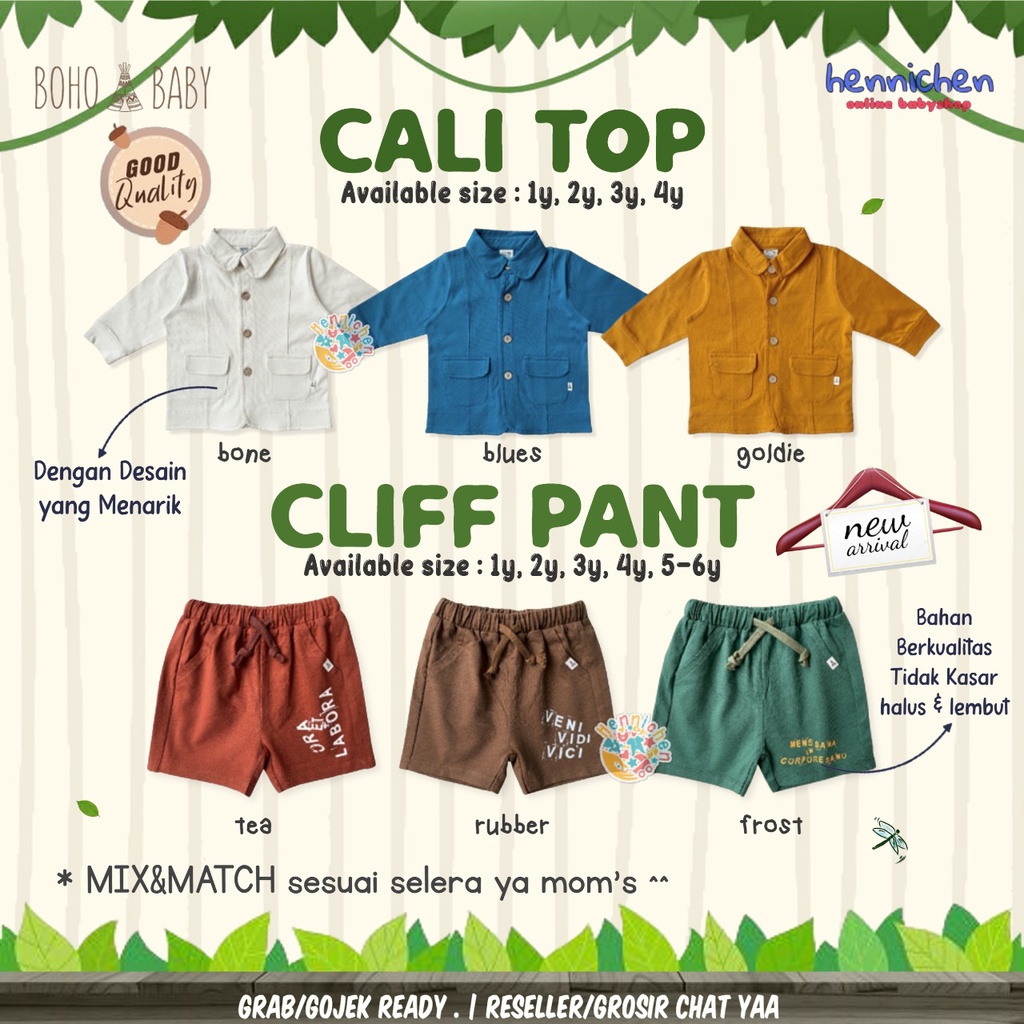 BOHOPANNA CALI TOP ATASAN BAJU PANJANG KANTONG BAJU ANAK CLIFF PANT CELANA PENDEK BOHO BABY 1-4 TAHUN