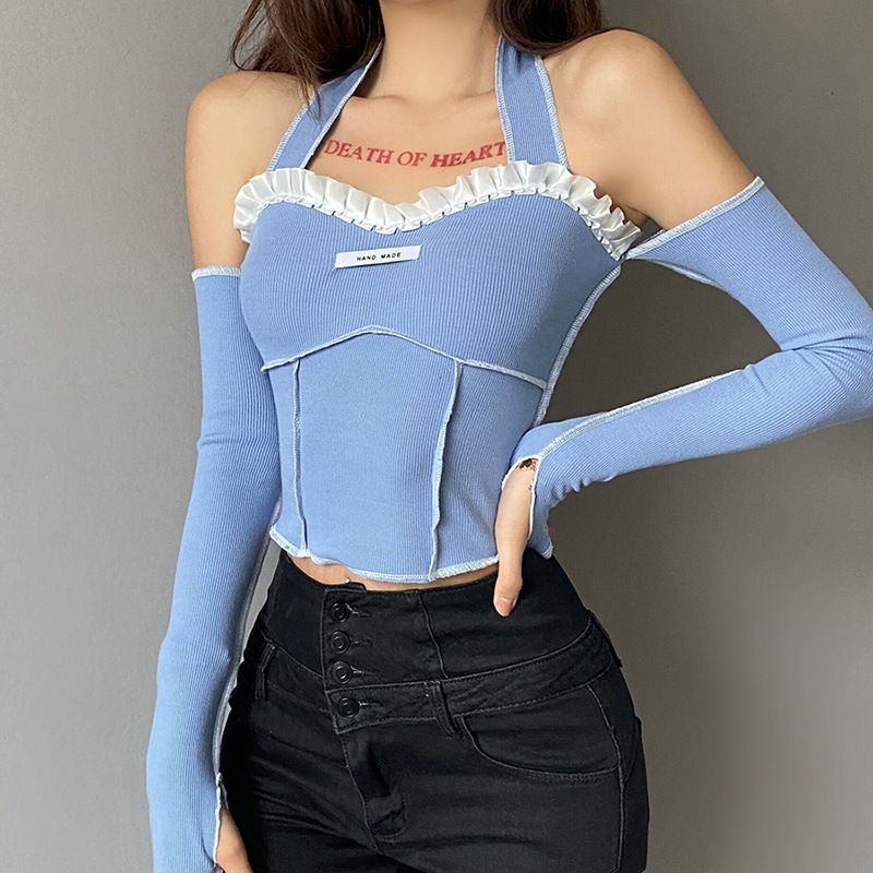 ✤Suhao Gaya Pastoral Perancis Renda Biru Label Menggantung Leher Slim Lengan Panjang T-shirt Wanita Pelangsing All-Match Crop Top trendi