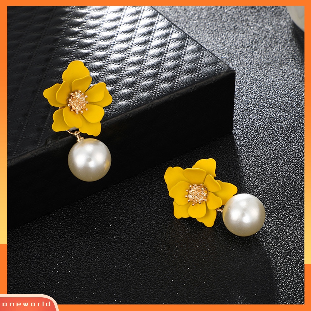 OW@ Women Fashion Flower Faux Pearl Pendant Ear Studs Party Earrings Jewelry Gift