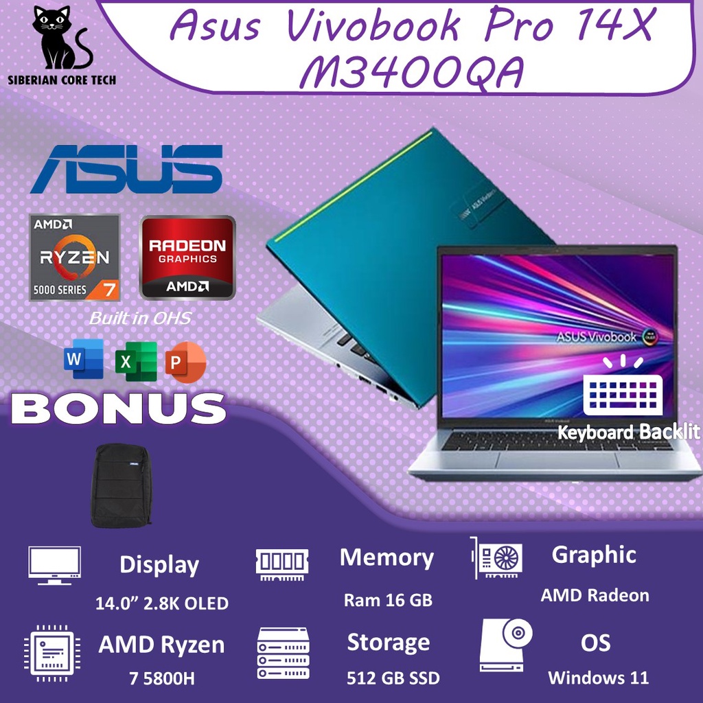 ASUS VIVOBOOK PRO 14X OLED M3400QA OLEDS751 RYZEN 7 5800H 16GB 512SSD VEGA8 W11+OHS 14.0 2.8K