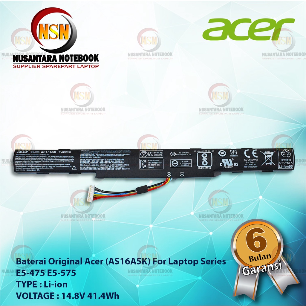 Baterai Internal Original Laptop Acer AS16A5K for Laptop Series E5-475 E5-575 14.8V 41.4Wh