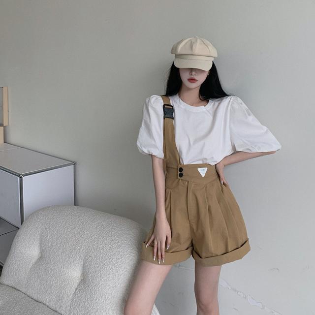 Suhao Celana Bib Wanita High Waist Longgar Korea Tidak Teratur Satu Tali Bahu One-Piece Suit Lebar Kaki Lurus celana Pendek Kasual Celana