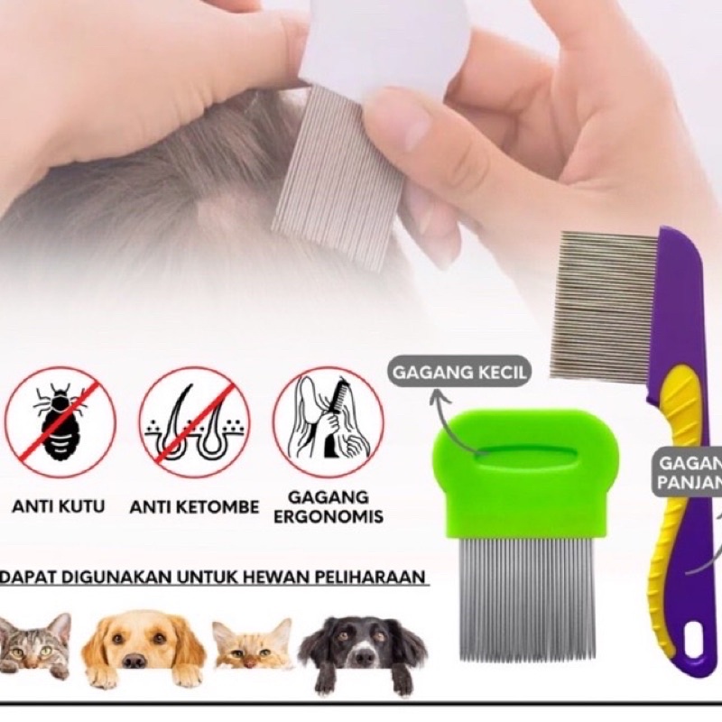 Sisir Serit Kutu Gagang Panjang Dan Pendek Rapat Ajaib Pembasmi Ketombe Anti Telur Kutu / Lice Removal Comb Logam Besi Stainless