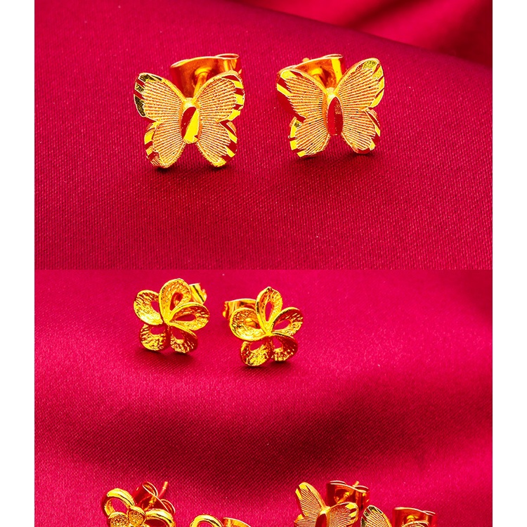 Goldkingdom Perhiasan Fashion Emas Asli Kadar 375 Bangkok Aksesoris Ready Stock Lapis Emas Indah Kupu-Kupu Woman Flower Stud Earrings