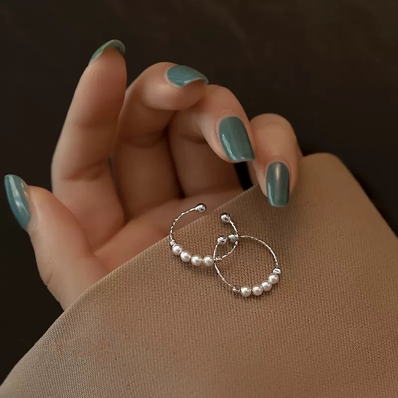 Papaozhu Manik-Manik Mutiara Perak Halus Susun Buku Jari Cincin Untuk Wanita Gadis Korea Tipis Pesona Rings Adjustable Finger Jewelry