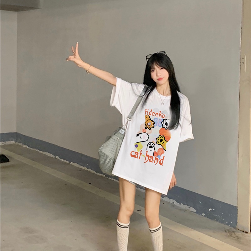 Print T-shirt Kaos Lengan Pendek Cartoon Cute Cat Paw Atasan Wanita Korean Style