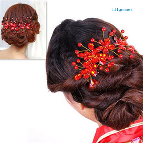 [LS]Bunga Merah Wanita Pernikahan Pernikahan Pengantin Pesta Aksesary Handmade Hair Pin Klip Perhiasan