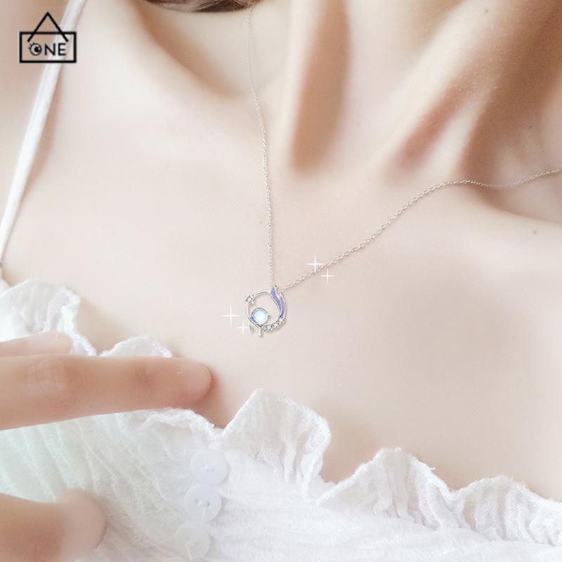 COD❤️Kalung Rantai Klavikula Liontin Moonstone Gaya Korea Silver Untuk Wanita Aksesoris Perhiasan-A.one