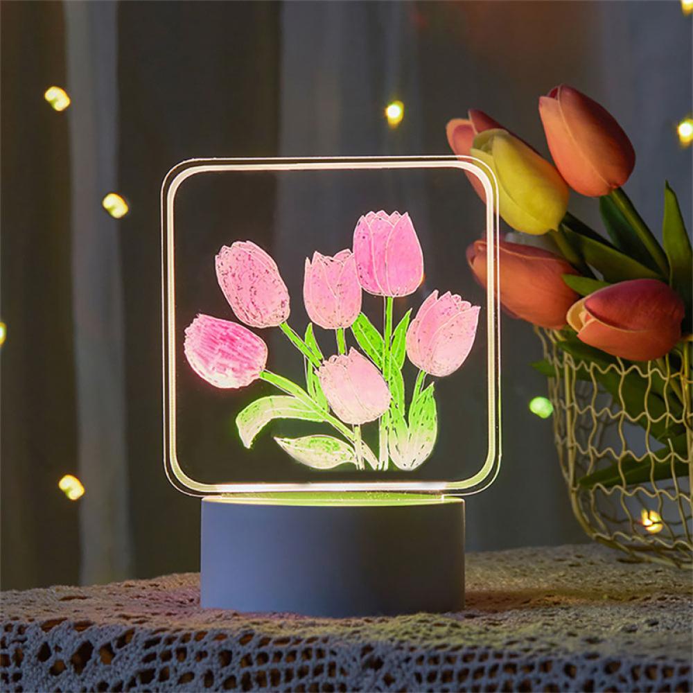 Timekey Acrylic LED Tulip Lampu Malam Bunga Papan Nota Lampu DIY Buatan Tangan Lukisan Tintaging Suasana Bunga Lampu Meja Dekorasi Rumah K7S4