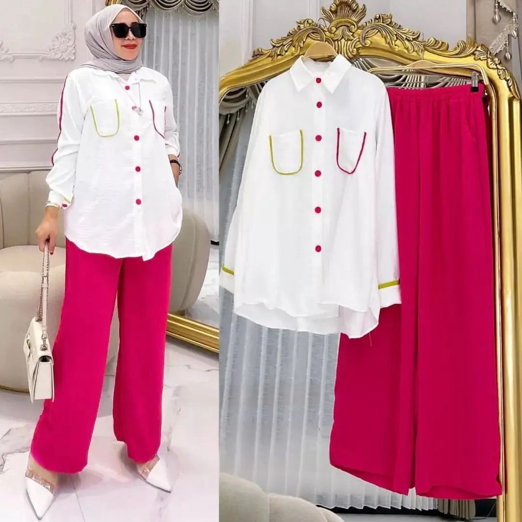 LORA SET BAHAN CRINKLE AIRFLOW PREMIUM MOTIF POLOS KANCING DEPAN UKURAN M L XL XXL DAPAT BAJU ATASAN DAN CELANA SETELAN BUSUI WANITA TERBARU 2023 KEKINIAN SIMPLE ONE SET KOREAN STYLE HIJAB SET VIRAL LENGAN PANJANG WANITA