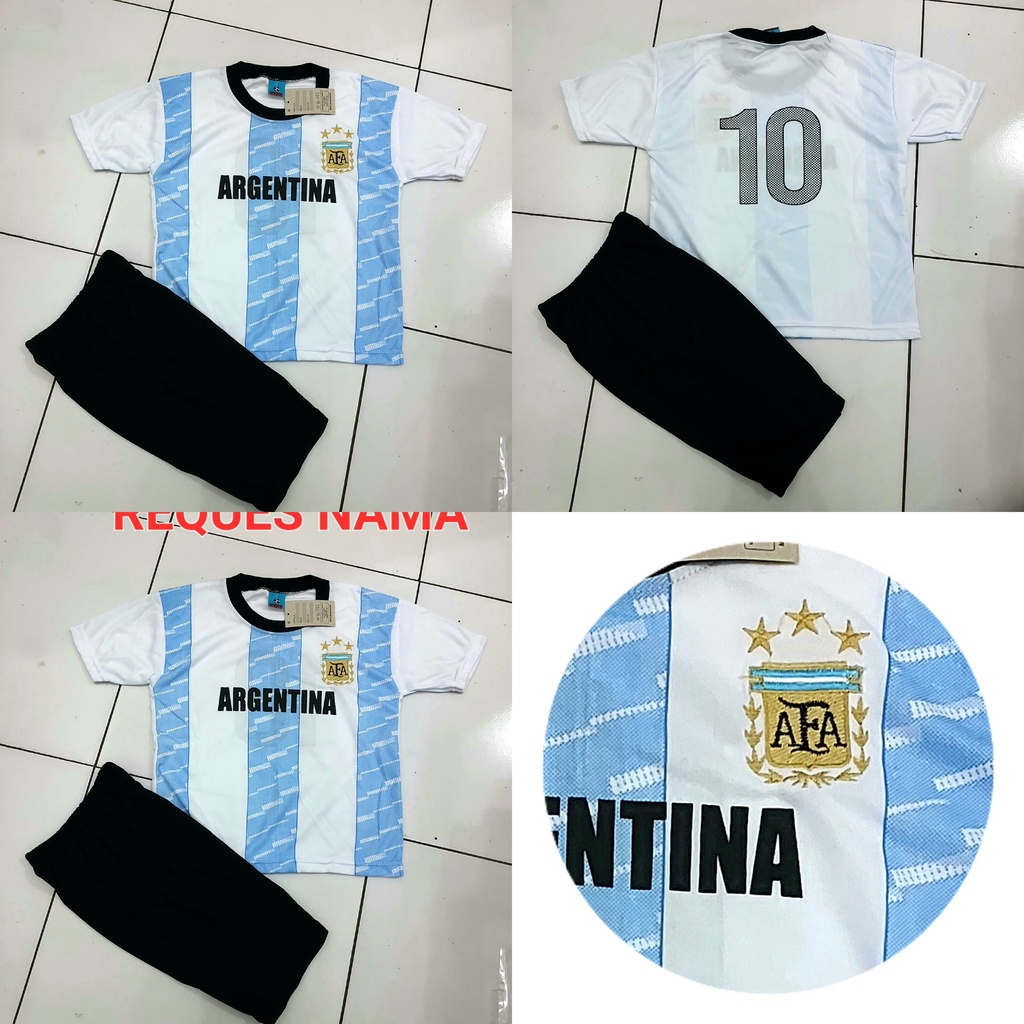 setelan baju bola anak argentina/baju bola argentina bisa sablon nama size 5-12thn