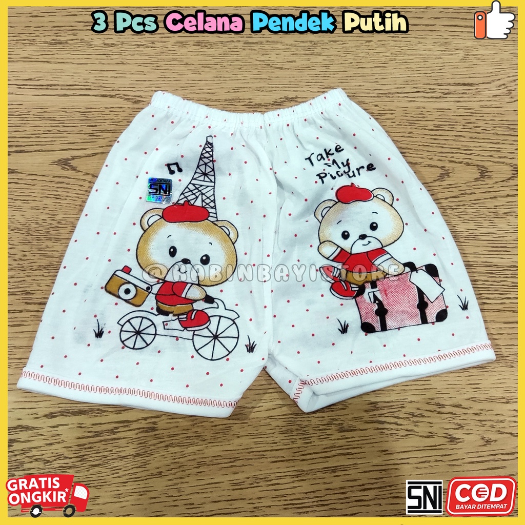 3 Pcs Celana Pendek Putih Bayi Newborn Karakter SNI