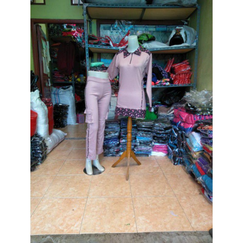 stelan olahraga senam muslimah terbaru bahan tc full baju senam kantong senam tunik