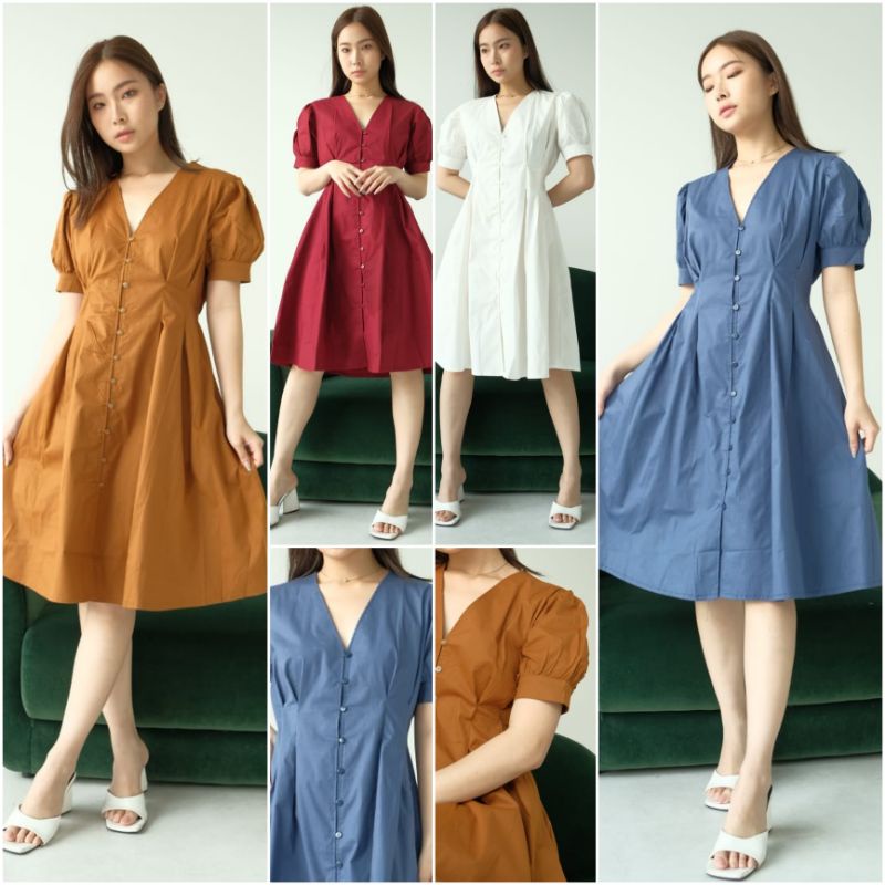 ♡ PREMIUM ♡ ORIGINAL ! MINELLA PLAIN V-NECK BUTTON FLARE MINI DRESS ( BUSUI FRIENDLY )