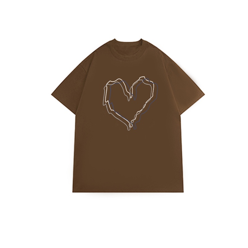 XIAOZHAINV Kaos Atasan Wanita Heart Pattern Lengan Pendek Cokelat 0076