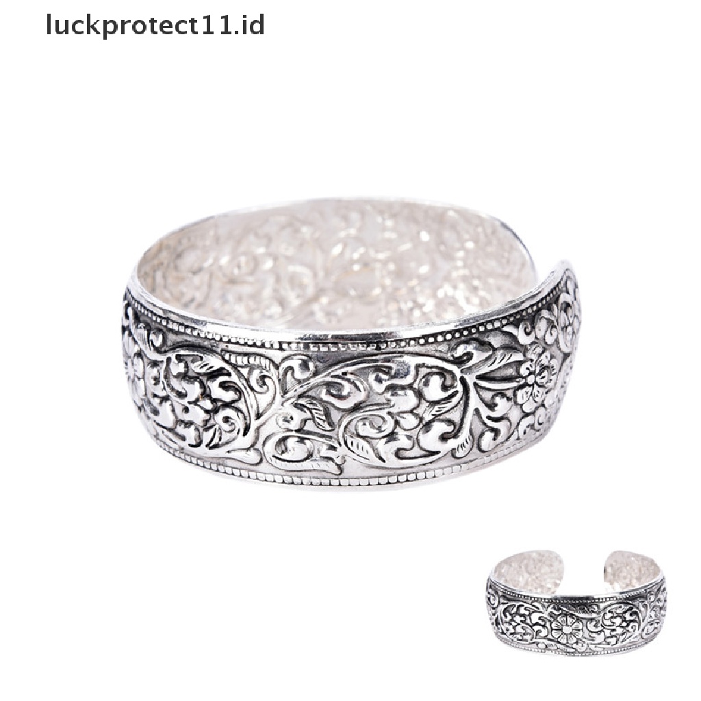 /Fashion Hot// Fashion// Totem Bangle Perak Tibet Baru Diukir Bunga Keberuntungan Bangle Manset Gelang.
