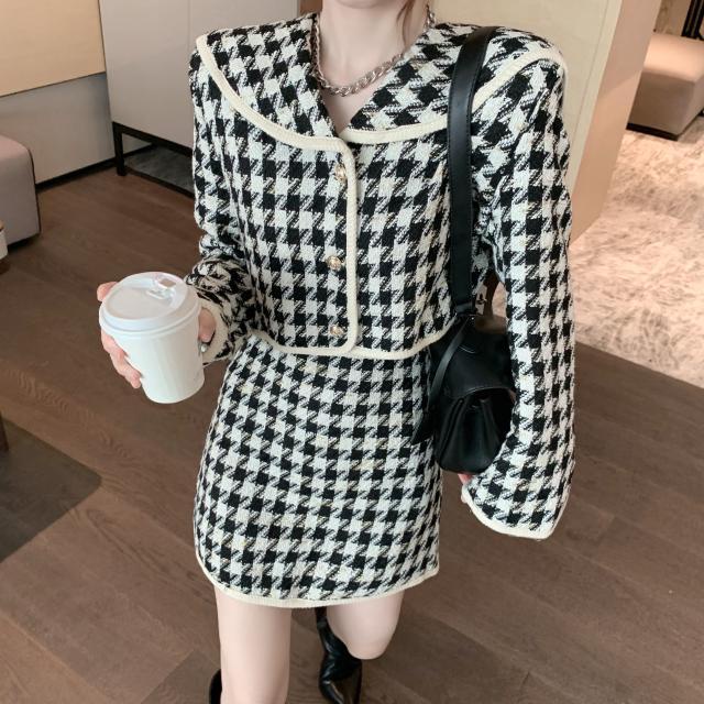 Suhao houndstooth mantel wol tas pinggang tinggi pinggul rok dua potong set wanita musim semi selebriti baru temperamen setelan dua potong