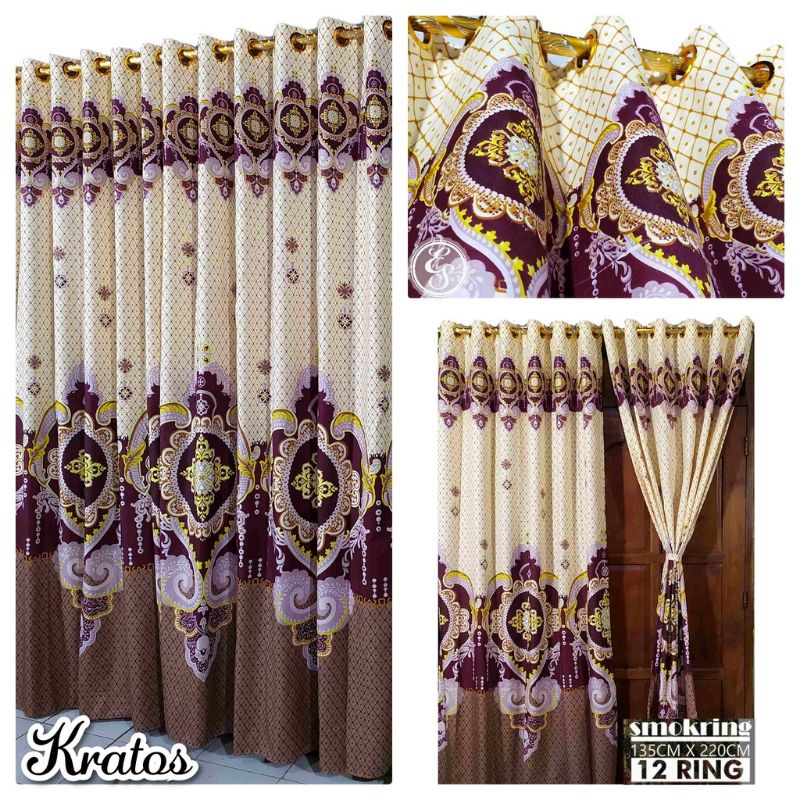 Paket Gorden Couple Motif Kratos Atau Batik  [ Korden Smokering 12 / Susun Rumbai Pony / Gordyn Serut Pintu / Tirai Jendela Murah ] Bisa Cod